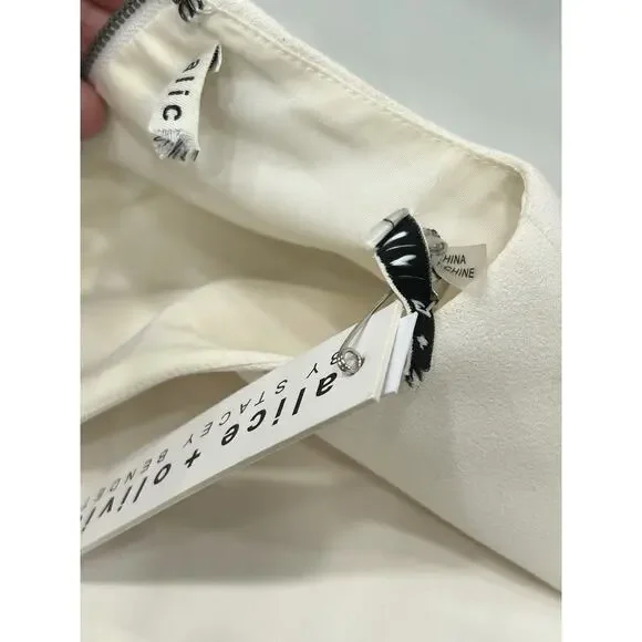 NWT Alice + Olivia Women's White Silk Izola Feather Detail Mini Dress Sz 2 FLAW Mini